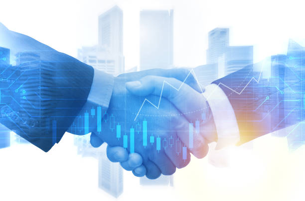 double exposure image of investor business man handshake with partner with digital network link connection and graph chart of stock market and cityscape background, investment and partnership concept